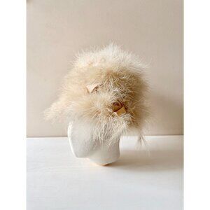 Vintage Beige Ostrich Feather Velvet Bow Wool Felt Cloche Hat